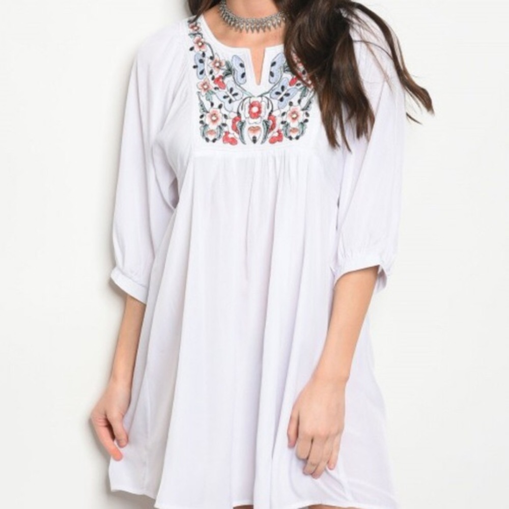 White Dress with Embroidered Neckline
